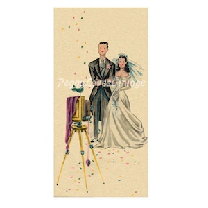 Mariage de 15 belles mariées et le marié posant pour des photos une image numérique à partir de cartes de voeux vintage - téléchargement immédiat