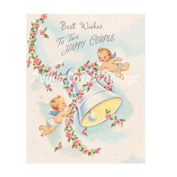 Wedding 9 Wedding Bell with Pink Roses and Baby Angels a Digital Image from Vintage Greeting Cards - Instant Download