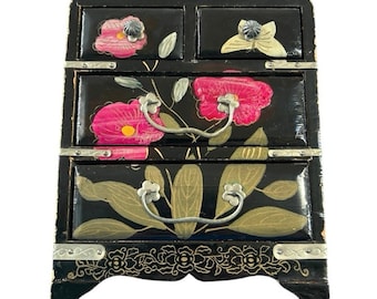 Japanese Mini Hand Painted Black Wood 4 Drawer Chest Jewelry Dollhouse