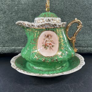 Antique Royal Bayreuth Green and Gold Creamer 3 pieces