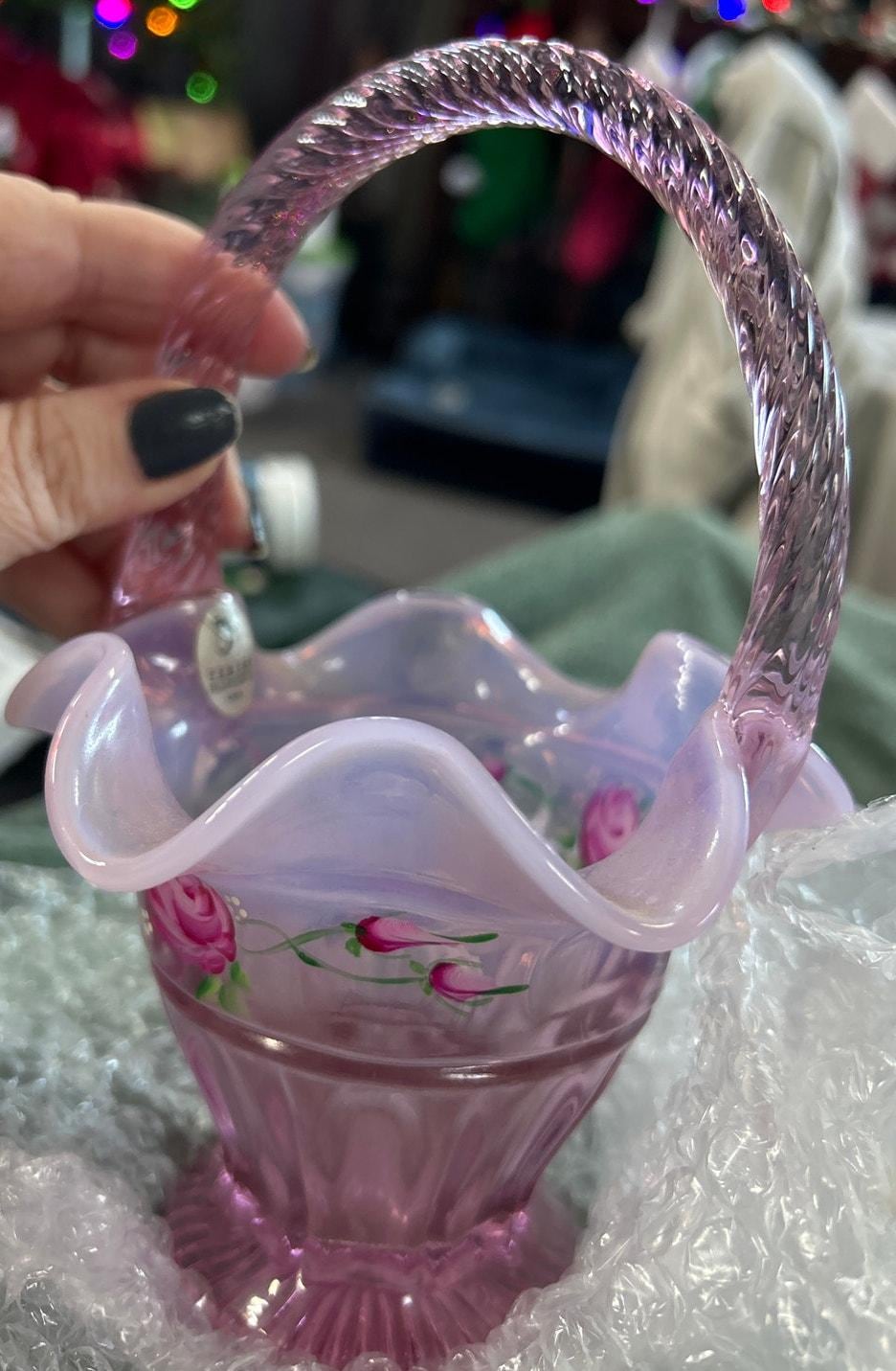 Fenton Spring Splendor Pink Chiffon Opalescent Ribbed Basket