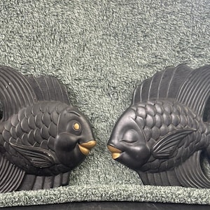 Pair of Miller Studio&#39;s Chalkware Kissing Fish RARE All Black Gold Accent