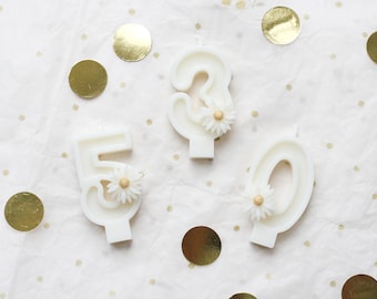 Floral Birthday White Number Candle - Beeswax and Olive Wax Birthday Candle Numbers, Number Birthday Cake Topper, Anniversary Candles