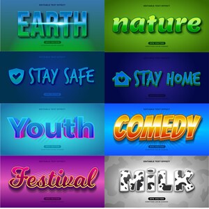 K&ouml;nnte beinhalten: Eine Sammlung von acht editierbaren Texteffekten mit verschiedenen Farben und Stilen. Die Texteffekte umfassen "Earth", "Nature", "Stay Safe", "Stay Home", "Youth", "Comedy", "Festival" und "Milk".