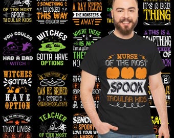 Paquete de 50 diseños de camisetas de Halloween / AI, EPS, JPG, psd, svg, png / Gráficos espeluznantes y divertidos para los entusiastas de Halloween y los asistentes a la fiesta
