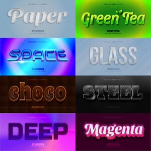 K&ouml;nnte beinhalten: Sechs verschiedene Texteffekte mit editierbarem Text. Die Texteffekte sind: Papier, Gr&uuml;ner Tee, Raum, Glas, Choco, Stahl, Tief und Magenta. Jeder Texteffekt hat eine andere Farbe und einen anderen Hintergrund.