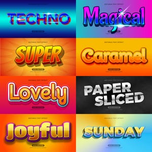 K&ouml;nnte beinhalten: Acht farbige Texteffekte mit verschiedenen Stilen und Farben. Die Texteffekte umfassen "Techno", "Magical", "Super", "Caramel", "Lovely", "Paper Sliced", "Joyful" und "Sunday".