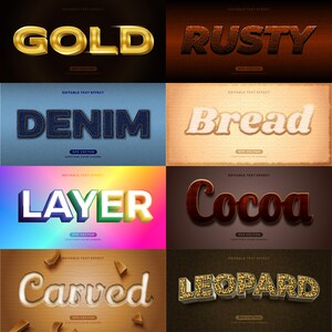 K&ouml;nnte beinhalten: Ein Satz von 10 editierbaren Texteffekten mit verschiedenen Texturen und Stilen. Die Texteffekte umfassen "Gold", "Rusty", "Denim", "Bread", "Layer", "Cocoa", "Carved" und "Leopard".