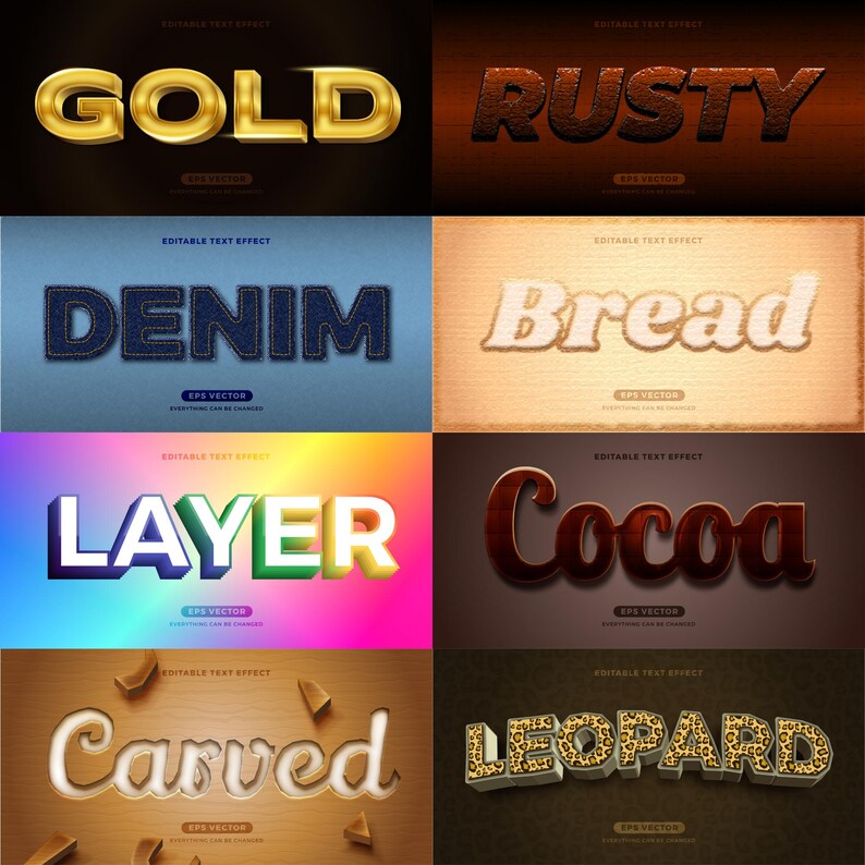 K&ouml;nnte beinhalten: Ein Satz von 10 editierbaren Texteffekten mit verschiedenen Texturen und Stilen. Die Texteffekte umfassen "Gold", "Rusty", "Denim", "Bread", "Layer", "Cocoa", "Carved" und "Leopard".