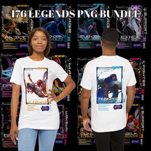 Può includere: Una maglietta bianca con un design grafico di un personaggio di videogioco. Il personaggio è una donna con capelli lunghi e fluenti e una spada. Il design è in stile futuristico con colori al neon e forme geometriche. Il testo "176 Legends PNG Bundle" è stampato nella parte superiore dell'immagine.