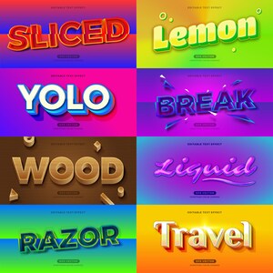 K&ouml;nnte beinhalten: Eine Sammlung von acht editierbaren Texteffekten in verschiedenen Stilen und Farben. Die Texteffekte umfassen "Sliced", "Lemon", "YOLO", "Break", "Wood", "Liquid", "Razor" und "Travel".