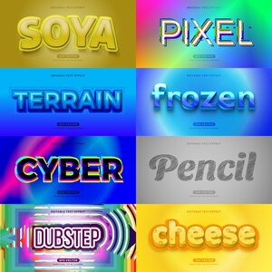 K&ouml;nnte beinhalten: Eine Sammlung von 10 editierbaren Texteffekten in verschiedenen Stilen, darunter Pixel, 3D und Cartoon. Die Texteffekte werden auf bunten Hintergr&uuml;nden angezeigt und beinhalten die W&ouml;rter "SOYA", "PIXEL", "TERRAIN", "frozen", "CYBER", "Pencil", "DUBSTEP" und "cheese".