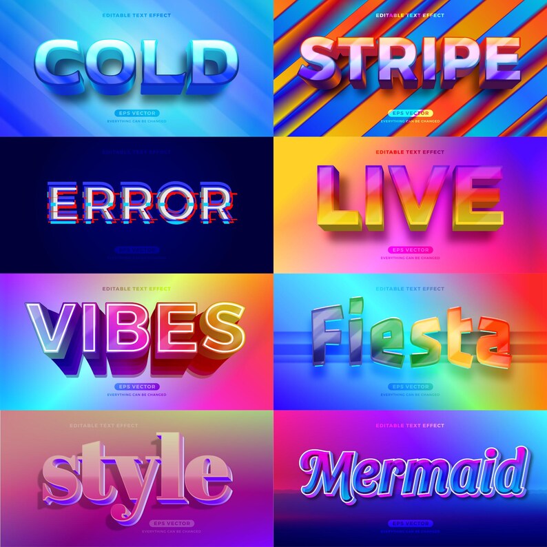 K&ouml;nnte beinhalten: Ein Satz von acht bunten Texteffekten im 3D-Stil. Die W&ouml;rter sind "Cold", "Stripe", "Error", "Live", "Vibes", "Fiesta", "Style" und "Mermaid".