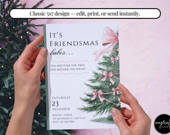 It’s Friendsmas, Babes | Pink Bow Coquette Christmas Party Invitation  | Editable Canva (Digital & Printable)