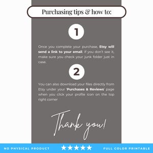 Puede incluir: Imagen de producto digital con texto que dice "Consejos de compra y c&oacute;mo:" seguido de instrucciones sobre c&oacute;mo descargar archivos de Etsy. El texto tambi&eacute;n incluye "&iexcl;Gracias!" en la parte inferior. La imagen es gris con texto blanco.