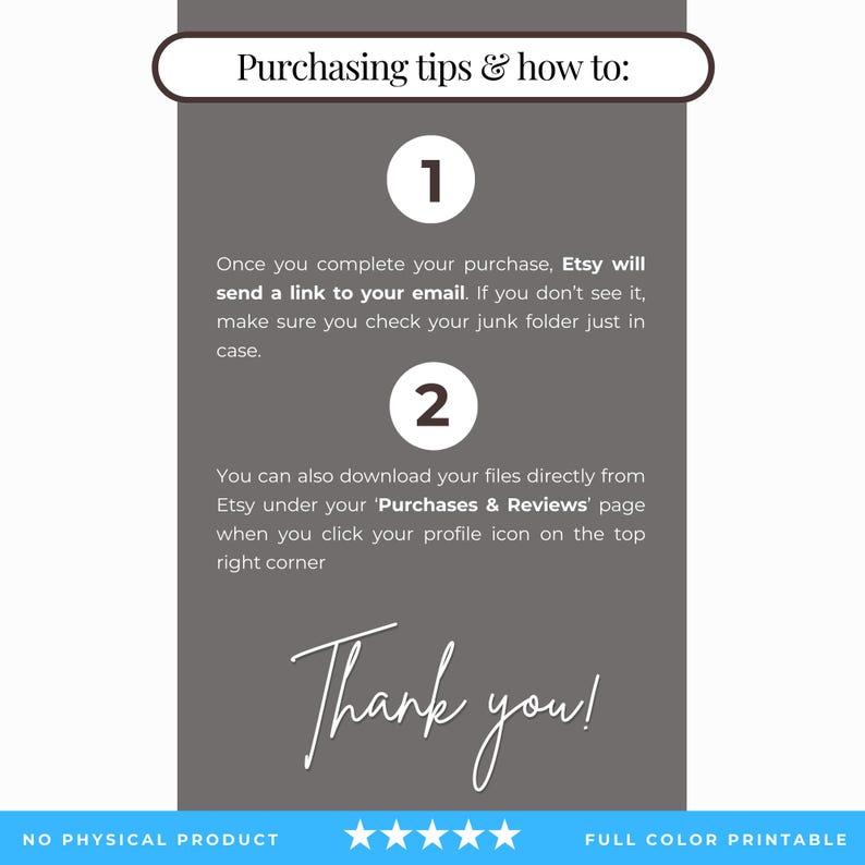 Puede incluir: Imagen de producto digital con texto que dice "Consejos de compra y c&oacute;mo:" seguido de instrucciones sobre c&oacute;mo descargar archivos de Etsy. El texto tambi&eacute;n incluye "&iexcl;Gracias!" en la parte inferior. La imagen es gris con texto blanco.