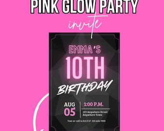 Pink Neon Glow Party Invitation: Editable Canva Template (Digital Download)