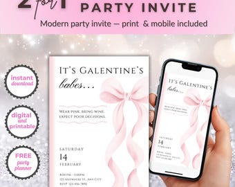 Pink Watercolor Bow Galentine's Invitation, Girls Night, Canva Template (Digital & Printable 5x7 Invite)