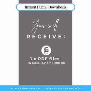 Puede incluir: Gr&aacute;fico de descarga digital con el texto "Instant Digital Downloads" en la parte superior. El texto principal dice "You will RECEIVE:" seguido de detalles sobre un archivo PDF, incluido el n&uacute;mero de p&aacute;ginas y el tama&ntilde;o. El texto inferior dice "PRINT AS MANY PAGES AS YOU NEED AS MUCH AS YOU NEED."