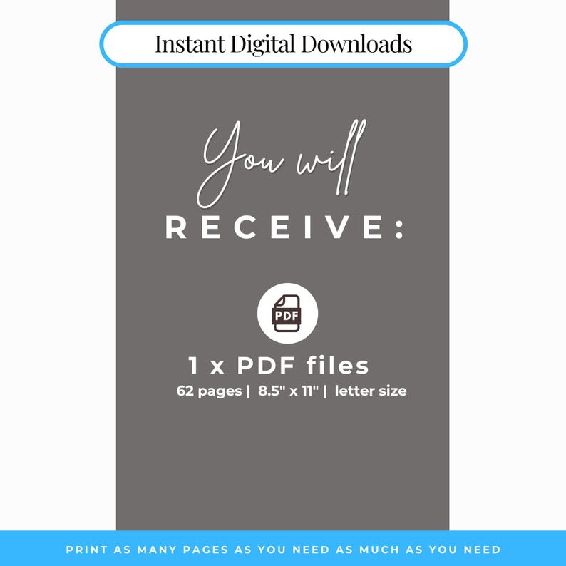 Puede incluir: Gr&aacute;fico de descarga digital con el texto "Instant Digital Downloads" en la parte superior. El texto principal dice "You will RECEIVE:" seguido de detalles sobre un archivo PDF, incluido el n&uacute;mero de p&aacute;ginas y el tama&ntilde;o. El texto inferior dice "PRINT AS MANY PAGES AS YOU NEED AS MUCH AS YOU NEED."