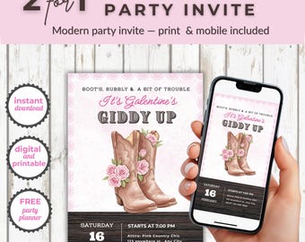 Boots and Bubbly Galentine's Invitation, Country Chic Canva Template (Printable & Digital)