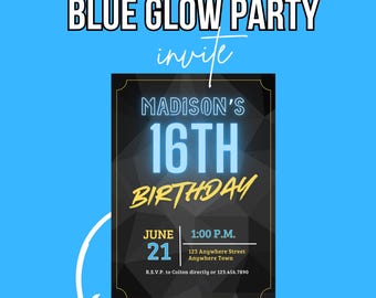 Blue Neon Glow Party Invitation: Editable Canva Template (Digital Download)