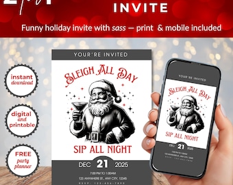 Funny Christmas Party Invitation | Santa Drinking Martini Retro Holiday Invite | Editable Canva Digital + Printable