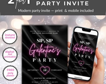 Galentine's Party Invitation, Black Satin Glam, Pour Decisions Club (Digital & Printable Canva Template)