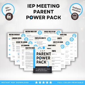 The IEP Parent Power Pack™ is a digital PDF guide packed with printable tools to help parents feel calm, clear, and prepared. Inside you’ll find a glossary of IEP terms, prep checklists, quick-reference cheat sheets, SMART goals guide, question planners with scripts, documentation trackers, and calming strategies. Everything is organized, practical, and easy to use—so you can walk into every IEP meeting confident, focused, and ready to advocate.