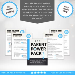 Take the stress out of IEP prep with the Parent Power Pack™. This digital PDF is filled with printable checklists, trackers, and cheat sheets that simplify every step of the process. From an easy glossary of terms to SMART goal examples, question planners, documentation pages, and calming strategies, you’ll have everything in one place. Stay organized, cut the chaos, and walk into your child’s IEP meeting confident, prepared, and ready to advocate.