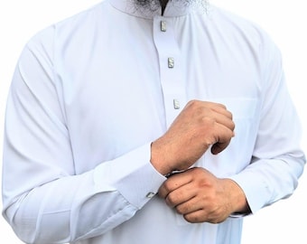 Men's Designer Thobe Jubba in High Quality Imported Fabric with Fancy Button in White