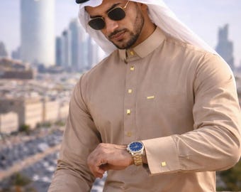 Men's Designer Thobe Jubba in High Quality Imported Fabric Saudi Cuff and Collars - Beige
