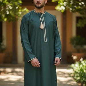 Men's Designer Thobe Jubba in High Quality Imported Fabric - Removable Tassle and Embroidery Khaki