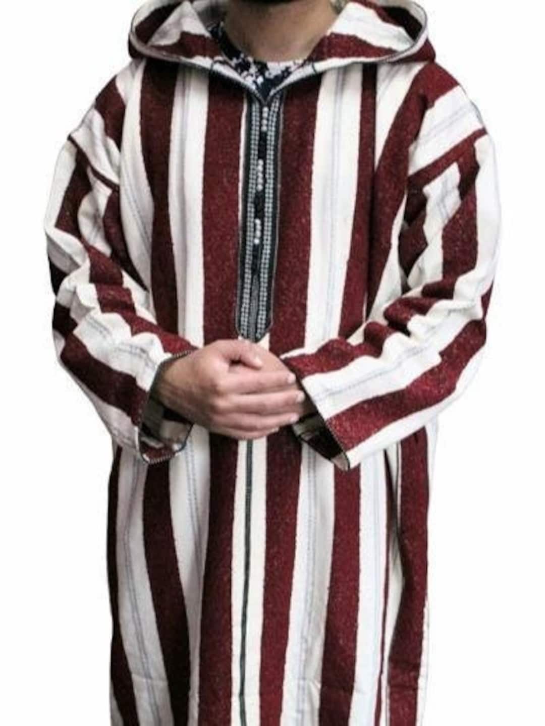 Moroccan Men Winter Wool Hooded Thick Djellaba Red Stripe Menswear