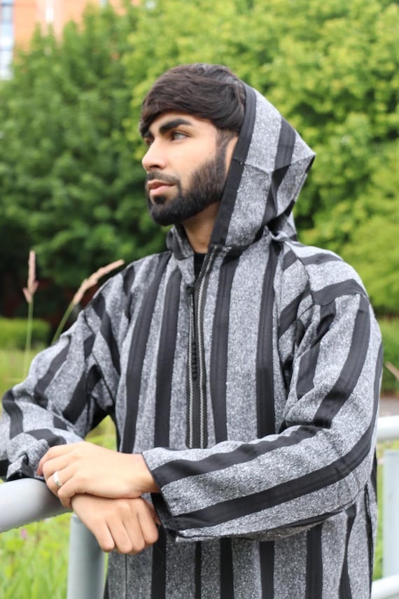 Moroccan Hooded Cotton Blend Striped Long Sleeve Thobe Jubba