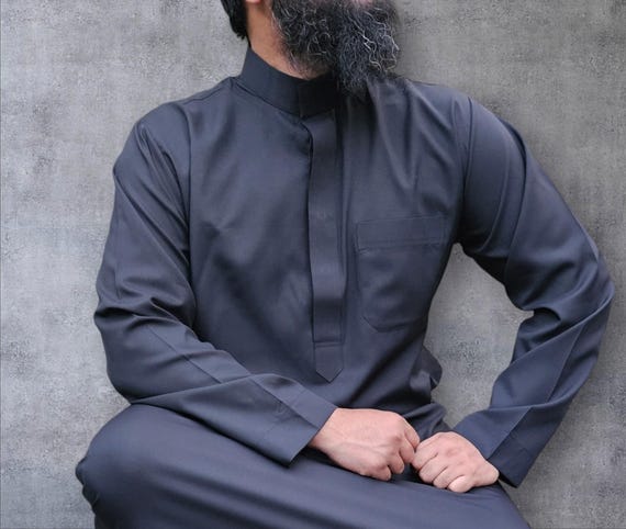 Mens Boys Thobe Jubba Madrassa Mosque Designer Collar Arab Hajj Umrah Black