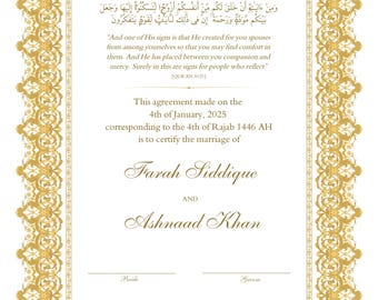 Download digital do certificado Nikkah, contrato de casamento islâmico, Nikkah Nama, certificado de casamento muçulmano, tamanho A3 ou Tabloide