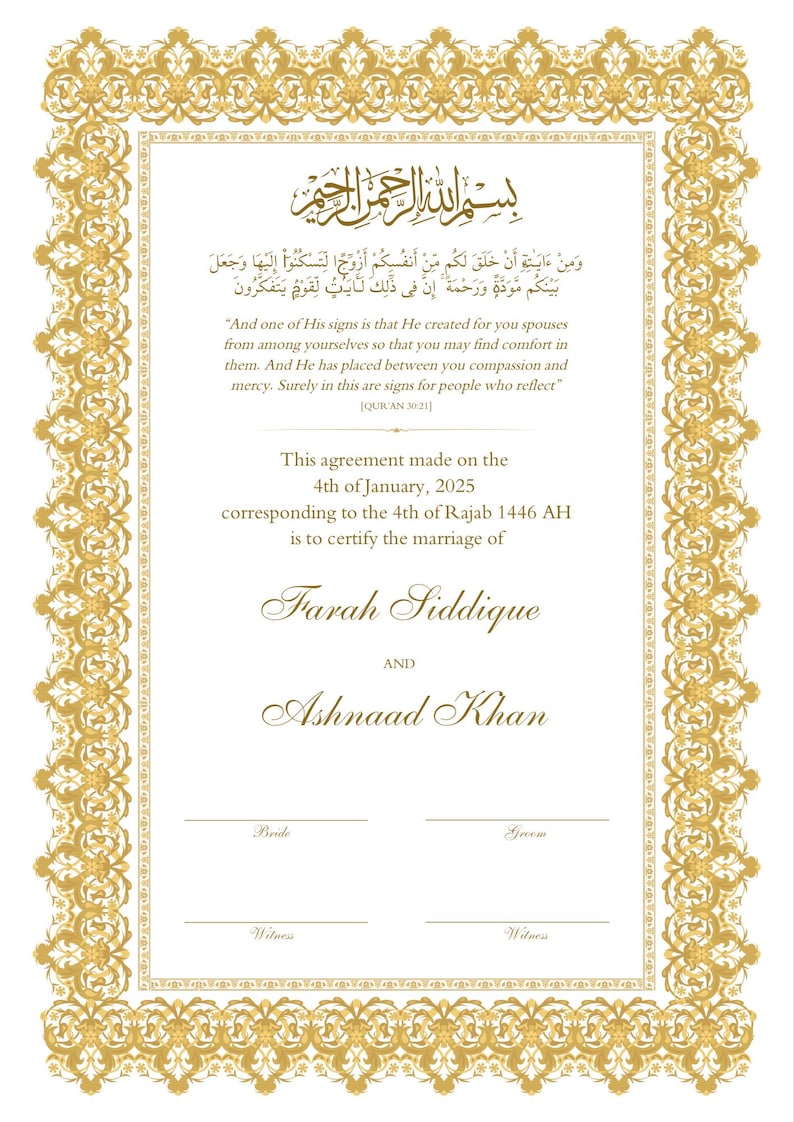 Puede incluir: Un certificado de matrimonio enmarcado en oro con una inscripci&oacute;n &aacute;rabe y texto en ingl&eacute;s. El certificado establece que el acuerdo se hizo el 4 de enero de 2025, correspondiente al 4 de Rajab 1446 AH, para certificar el matrimonio de Farah Siddique y Ashnaad Khan.
