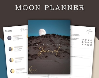 May include: A moon planner journal with a full moon image on the cover. The journal has a white background with gold lettering that says "Moon Planner Journal". The inside pages have sections for tracking the moon phases, journaling, and setting intentions.
