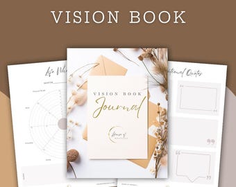 May include: A vision book journal with a gold and white logo that says "House of Whitetails". The journal cover is a cream color with the words "Vision Book Journal" written in gold cursive script. The journal is surrounded by dried flowers and a brown envelope.