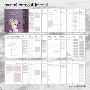 May include: A printable mental burnout journal with a pink and white color scheme. The journal includes pages for tracking gratitude, setting goals, creating a safety plan, and more.