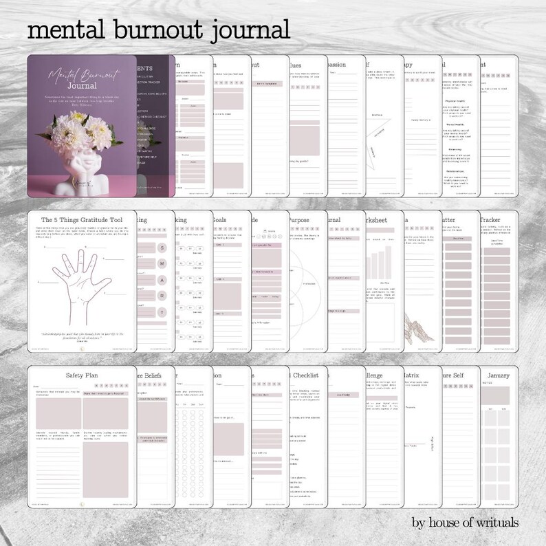 May include: A printable mental burnout journal with a pink and white color scheme. The journal includes pages for tracking gratitude, setting goals, creating a safety plan, and more.