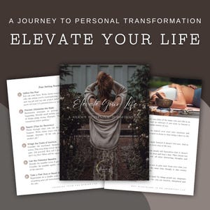 Può includere: Una guida alla trasformazione personale intitolata "Elevate Your Life". La guida presenta una donna con un maglione marrone di spalle alla telecamera e un elenco di passaggi per superare la paura e raggiungere la crescita personale.