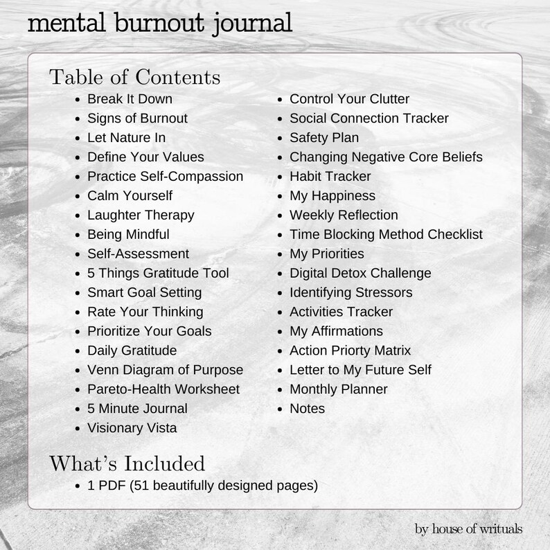 May include: A table of contents for a mental burnout journal with a list of topics including "Break It Down", "Signs of Burnout", "Let Nature In", "Define Your Values", "Practice Self-Compassion", "Calm Yourself", "Laughter Therapy", "Being Mindful", "Self-Assessment", "5 Things Gratitude Tool", "Smart Goal Setting", "Rate Your Thinking", "Prioritize Your Goals", "Daily Gratitude", "Venn Diagram of Purpose", "Pareto-Health Worksheet", "5 Minute Journal", "Visionary Vista", "Control Your Clutter", "Social Connection Tracker", "Safety Plan", "Changing Negative Core Beliefs", "Habit Tracker", "My Happiness", "Weekly Reflection", "Time Blocking Method Checklist", "My Priorities", "Digital Detox Challenge", "Identifying Stressors", "Activities Tracker", "My Affirmations", "Action Priority Matrix", "Letter to My Future Self", "Monthly Planner", "Notes". The journal includes 51 beautifully designed pages.