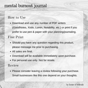 May include: A digital download of a mental burnout journal. The text on the page describes how to use the journal and includes a list of PDF writers that can be used to open the journal. The text also includes information about the purchase and review process.