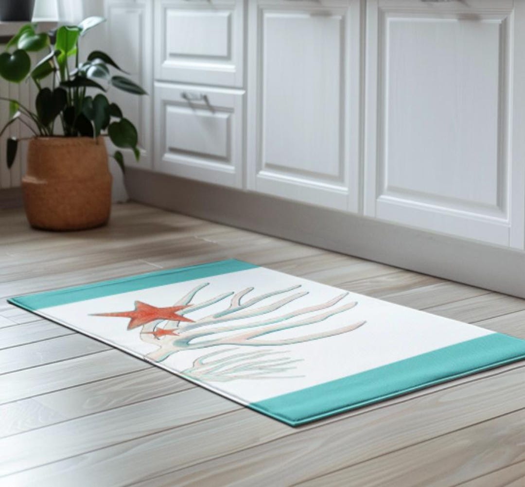 Sea Fan Starfish Area Rug: Coastal Island Decor, Washable Chenille - Etsy