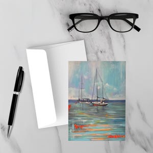 Cartes plates Bateaux sur le port, Cartes tropicales, Cartes d'île, Cadeau des Caraïbes, Cadeau d'une île, Cartes côtières, Cartes de peinture de bateau, Cartes colorées