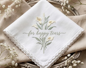Calla Lily Wedding Handkerchief, Embroidered Bridal Hankie, Personalized Wedding Gift, Floral Lace Handkerchief
