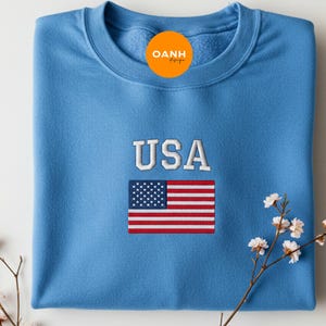 USA Flag Embroidered Crewneck, Patriotic Cowboy Icons Sweatshirt, 4th of July Trendy America Shirt, Red White Blue Summer Tee