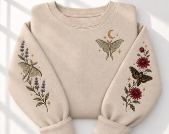 Embroidered Luna Moth Sweatshirt, Botanical Floral Sleeve Crewneck, Cottagecore Witchy Insect Sweater, Death Head Moth Nature Lover Gift Top